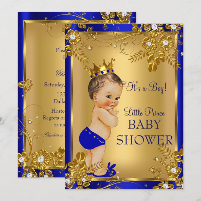 Invitation Brunette Prince Boy Baby shower Gold Blue Floral (Devant / Derrière)