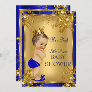 Invitation Brunette Prince Boy Baby shower Gold Blue Floral