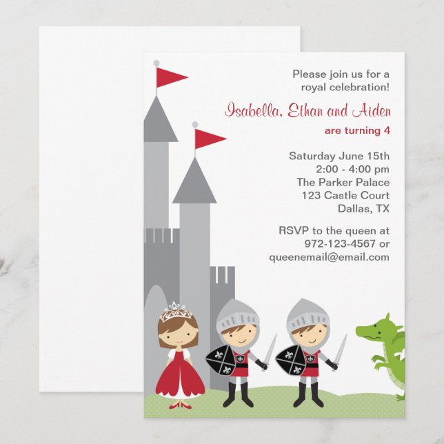 Invitation Brunette Princess and Knights Birthday (Devant / Derrière)