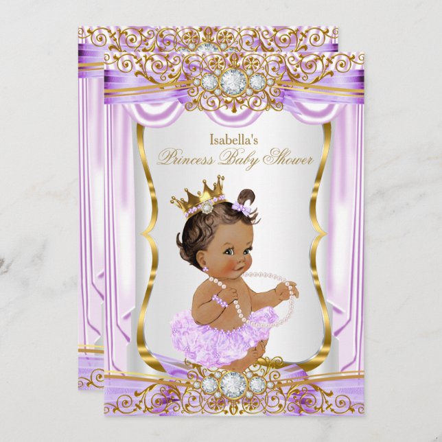 Invitation Brunette Princess Baby shower Purple Silk Gold (Devant / Derrière)