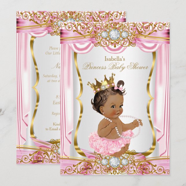 Invitation Brunette Princess Baby shower Soie rose foncé (Devant / Derrière)