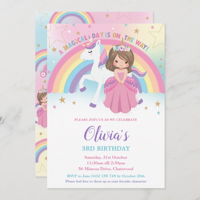 Invitation Brunette Princess Unicorne Anniversaire Party Arc- (Devant / Derrière)