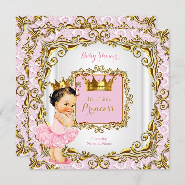 Invitation Brunette Princesse Baby shower Dentelle rose Or bl (Devant / Derrière)
