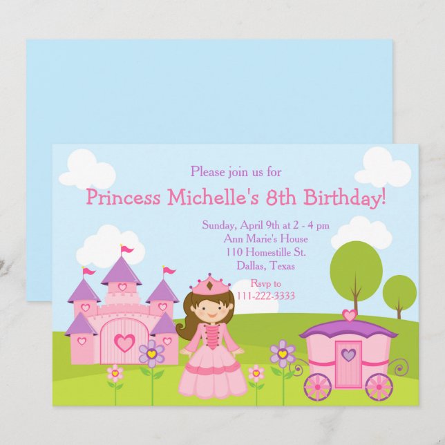 Invitation Brunette Princesse et Château et fête d'anniversai (Devant / Derrière)