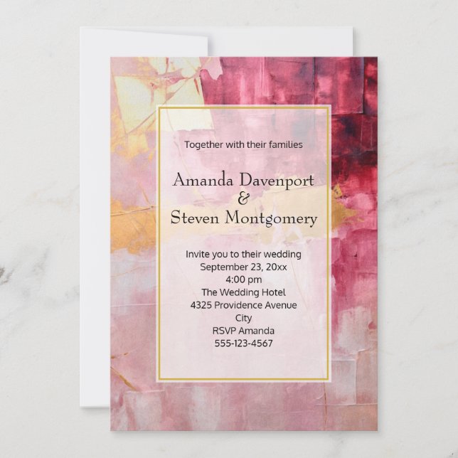 Invitation Brush artistique frappe Gold et Mariage rose (Devant)
