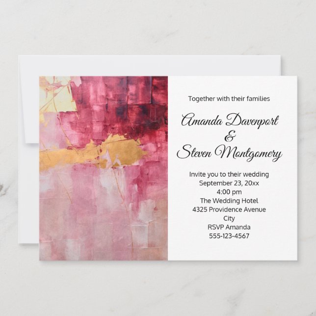 Invitation Brush artistique frappe Gold et Mariage rose (Devant)