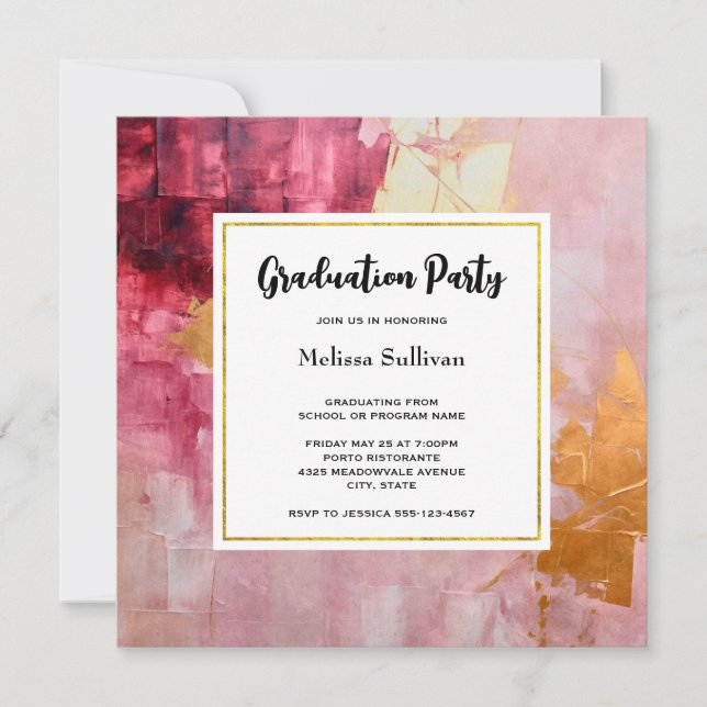 Invitation Brush Artistique Grille Or et rose Graduation (Devant)