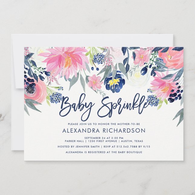 Invitation Brush moderne et marine Floral Baby Sprinkel (Devant)