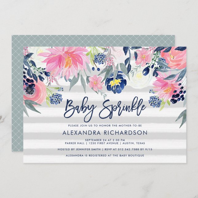 Invitation Brush moderne et marine Floral Baby Sprinkel (Devant / Derrière)