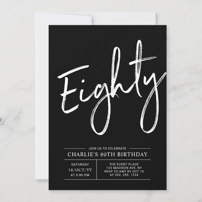 Invitation Brush noir Lettering 80th Birthday Party (Devant)
