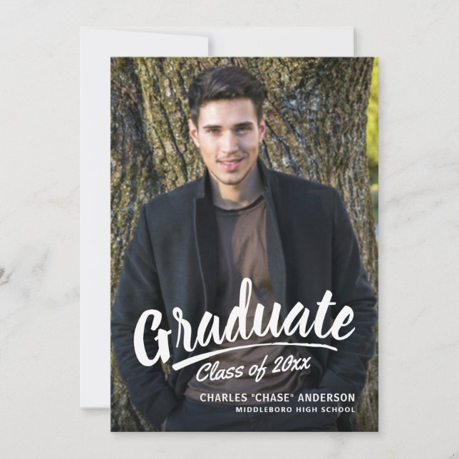 Invitation Brush Script Moderne Graduation 2-Photo Party (Devant)