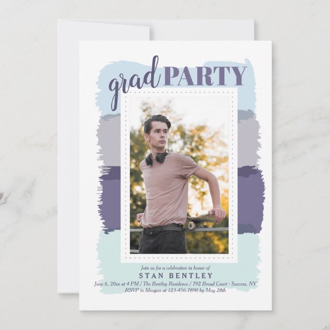 Invitation Brush Strokes Blue Photo Graduation Party Invitati (Devant)