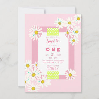 Invitation Bubblegum Pink Daisies Frame Little Miss One Anniv
