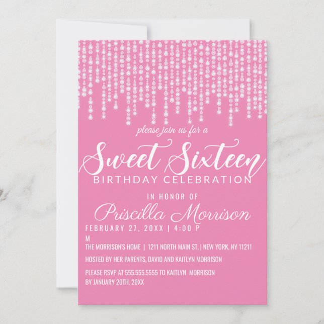 Invitation Bubblegum Pink Hanging Diamond Lights Sweet 16 (Devant)