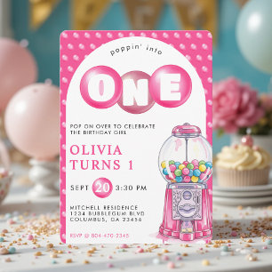 Invitation Bubblegum Pink Poppin' Girl 1er Anniversaire