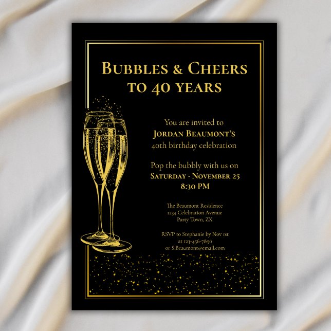 Invitation Bubbles and Cheers Black Gold 40th Birthday Party (Créateur téléchargé)