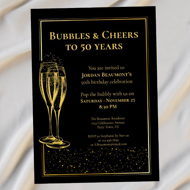 Invitation Bubbles and Cheers Black Gold 50e fête d'anniversa (Créateur téléchargé)
