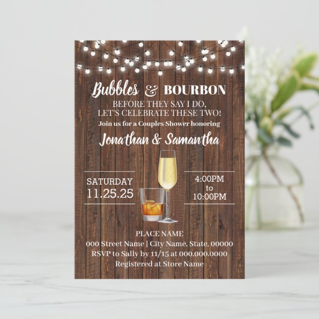 Invitation Bubbles & Bourbon avant de faire mariage rustique (Debout devant)