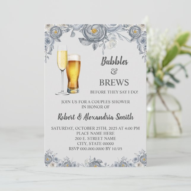 Invitation Bubbles & Brews Couples Wedding shower Grey Floral (Debout devant)