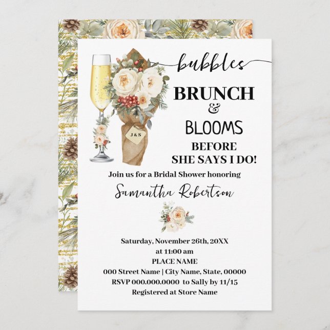 Invitation Bubbles Brunch & Bloom Bridal Shower Winter Floral (Devant / Derrière)
