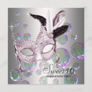 Invitation Bubbles rose argent Sweet sixteen Masquerade