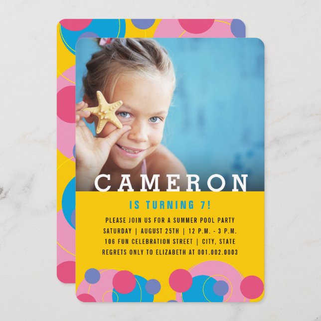 Invitation Bubbles Roses Et Bleues Photo Fille Anniversaire (Devant / Derrière)