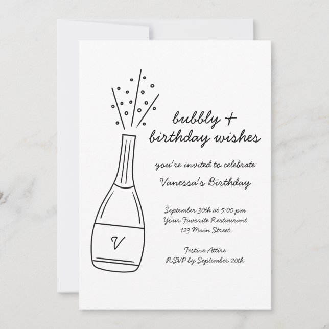 Invitation Bubbly Anniversaire de souhaits Poptiner bouteille (Devant)