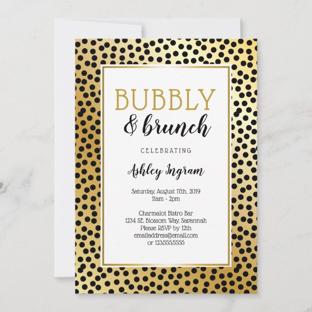 Invitation Bubbly et Brunch en points noirs et or (Devant)