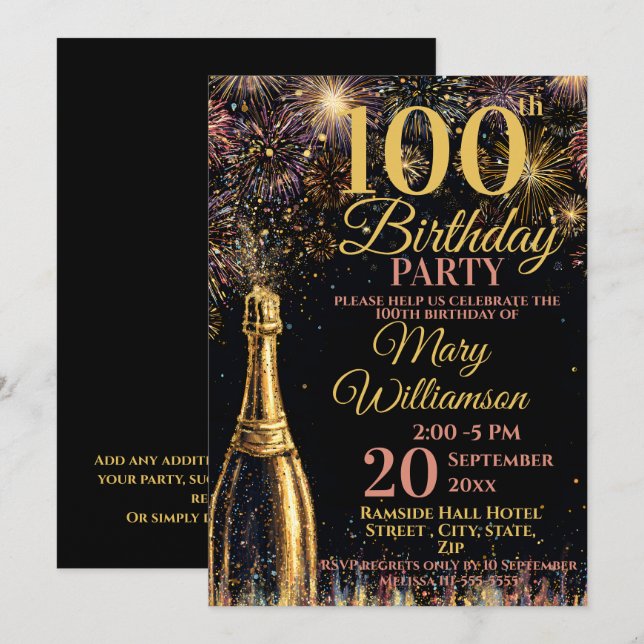 Invitation Bubbly Feu d'Artifice Or Rose 100e Anniversaire (Devant / Derrière)