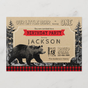 Invitation Bûcheron Anniversaire Buffalo Carreaux Petit Ours
