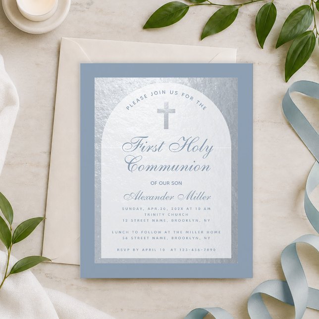 Invitation Budget 1ère Communion Bleu Poussiéreux  (Créateur téléchargé)