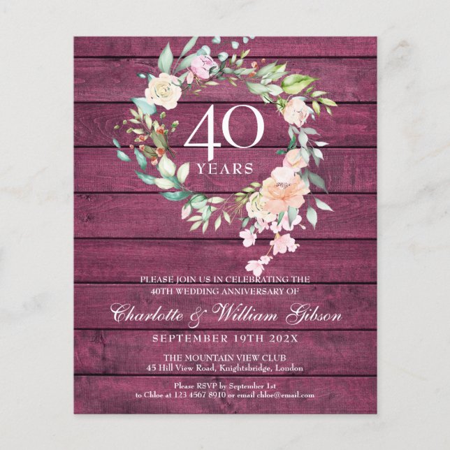 Invitation Budget 40e Anniversaire Bois Rustique R (Devant)