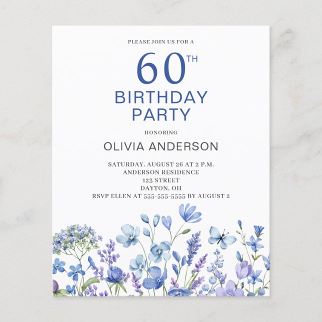 Invitation budget 60e anniversaire bleu floral (Devant)