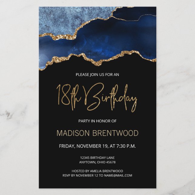 Invitation Budget Agate Bleu Or 18 Ans (Devant)