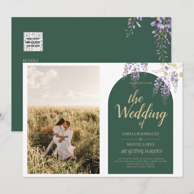 Invitation Budget All-in1 PHOTO Mariage Wisteria Code QR INV (Devant / Derrière)