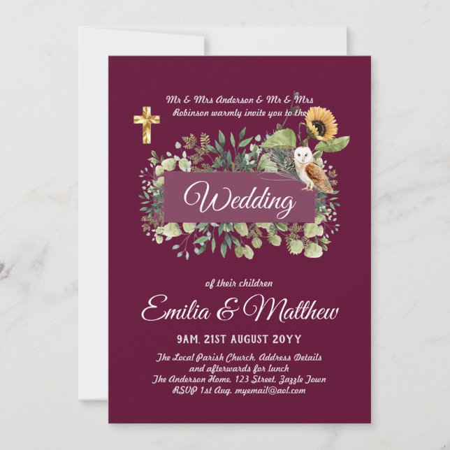 Invitation BUDGET All-in-1 Mariage catholique Floral Owl Feui (Devant)