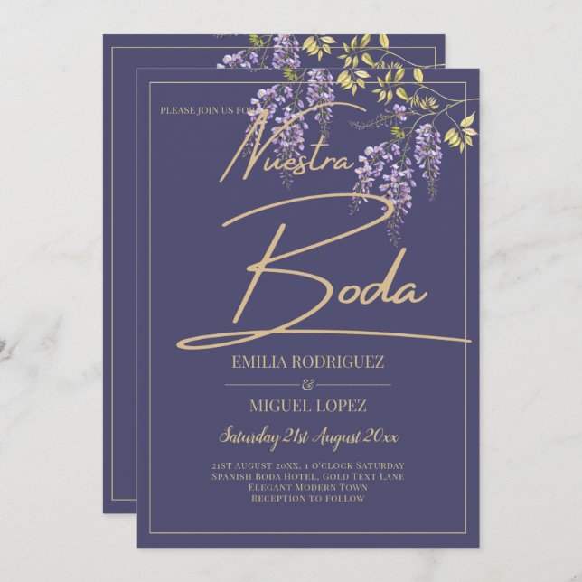Invitation BUDGET All-In-1 Wisteria Dusty Purple Gold Mariage (Devant / Derrière)