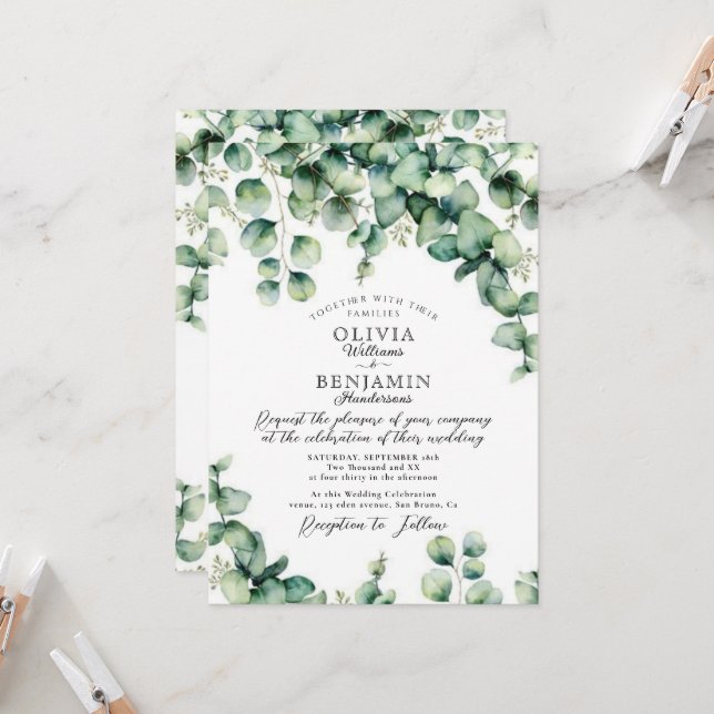 Invitation Budget Aquarelle eucalyptus Mariage de verdure (Devant/Arrière en situation)