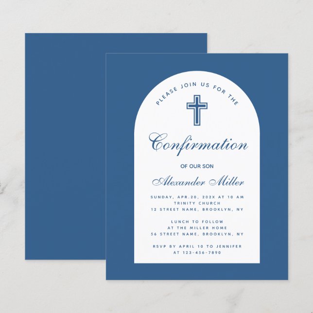 Invitation Budget Arch Classic Blue Confirmation (Devant / Derrière)