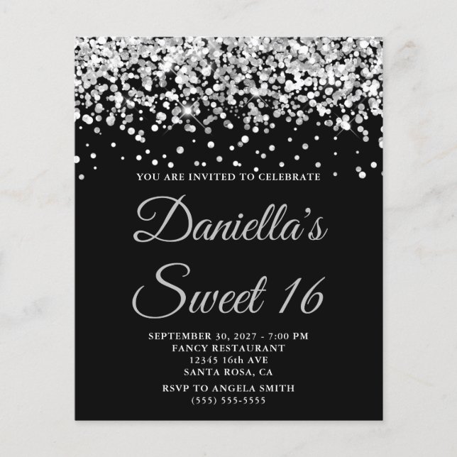 Invitation Budget Argent Pailleté Noir Sweet 16 (Devant)