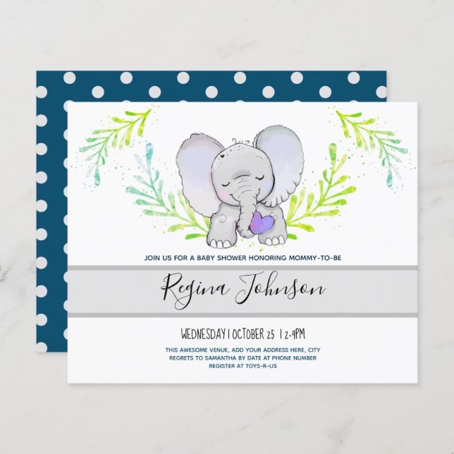 Invitation Budget Baby shower Elephant (Devant / Derrière)