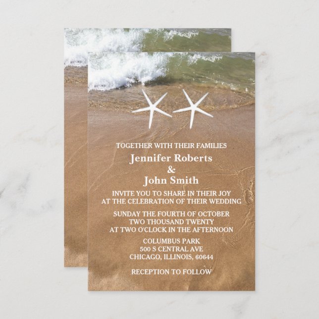 Invitation Budget Beach Starfish QR Code Ocean Mariage (Devant / Derrière)