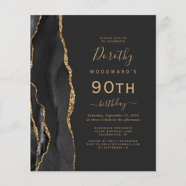 Invitation Budget Black Gold Agate Anniversaire 90 (Devant)