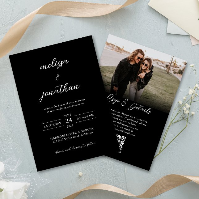 Invitation Budget Black Modern Photo Script Code QR Mariage (Créateur téléchargé)