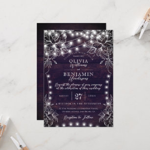 Invitation Budget Blanc Floral & Rustic Wood Lumières Mariage