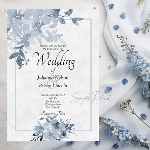 Invitation Budget blanc mariage floral bleu aquarelle Invit