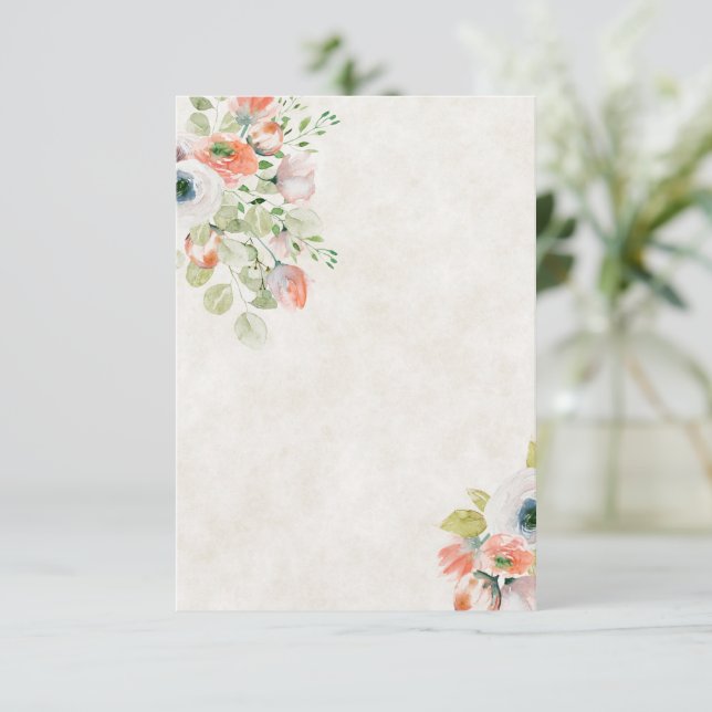 Invitation Budget blanc mariage floral rose et bleu (Debout devant)