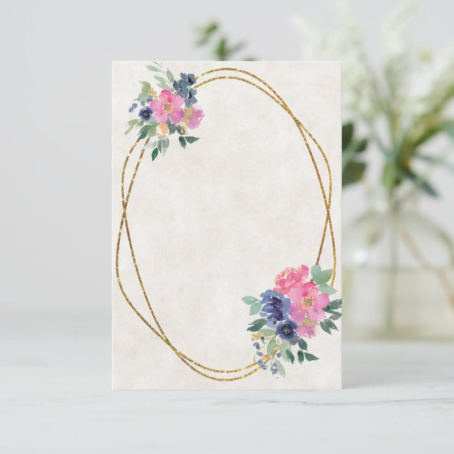 Invitation Budget blanc mariage floral rose et bleu (Debout devant)