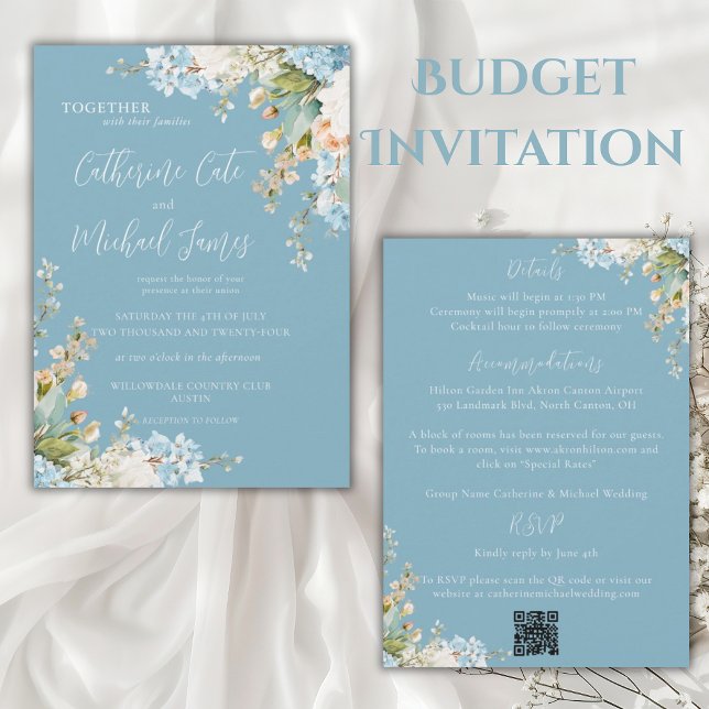 Invitation Budget Bleu Fleurs d'Hydrangea Élégant Mariage (Créateur téléchargé)