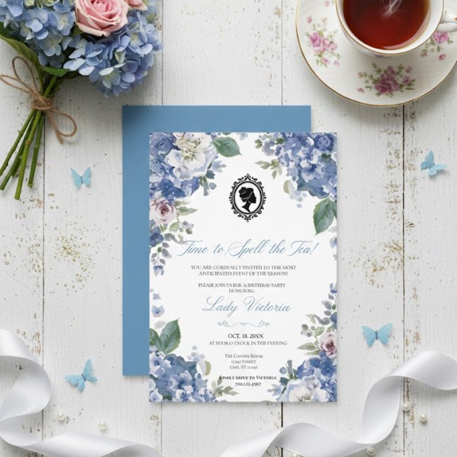 Invitation Budget Blue Florals Bridgerton Birthday Party (Créateur téléchargé)